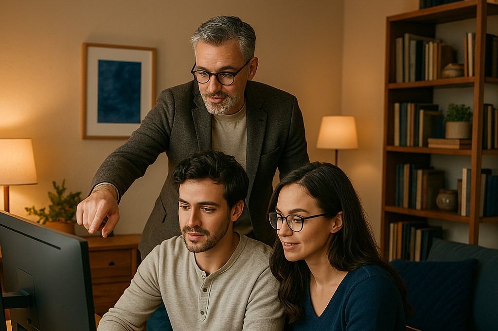 A man and a woman sitting in front of a computer screen with a man pointing at the screen